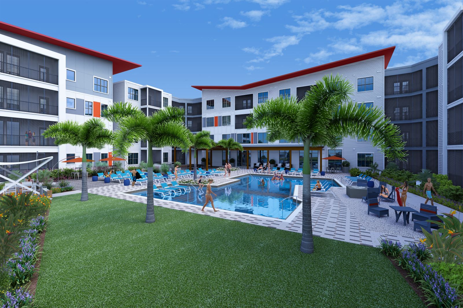 a rendering of an apartment building with a swimming pool
